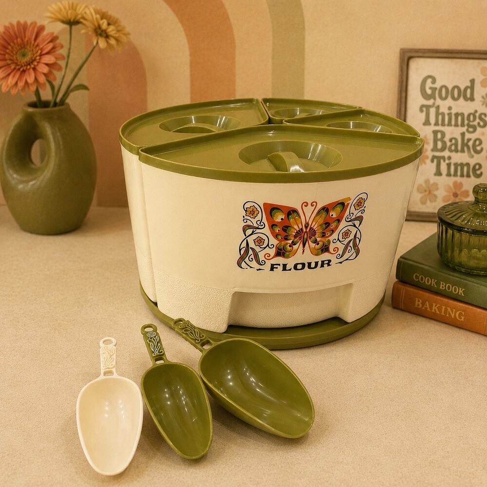 Vintage 1970s Sterilite Butterfly Lazy Susan Canister Set 1591 3 Scoops MCM -